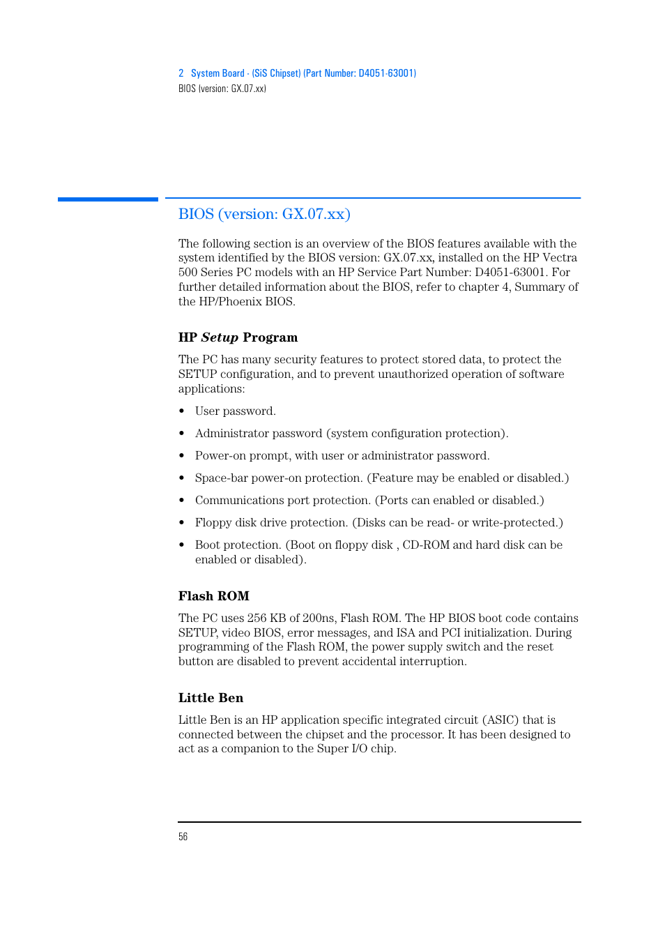 Bios (version: gx.07.xx), Hp setup program, Flash rom | Little ben | HP Vectra 500 Series User Manual | Page 56 / 146