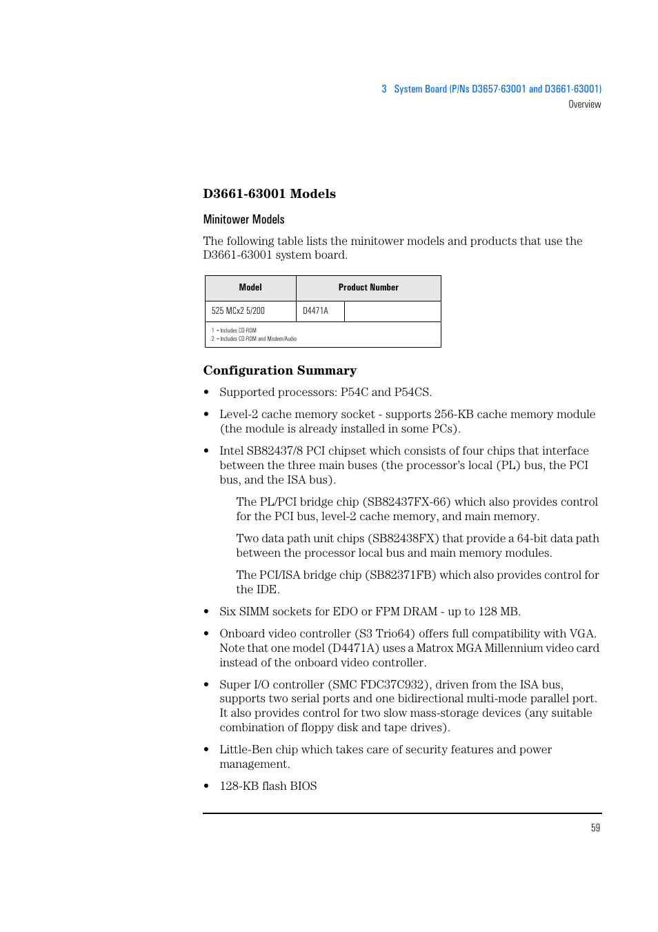 D3661-63001 models, Minitower models, Configuration summary | HP Vectra 500 Series User Manual | Page 59 / 146