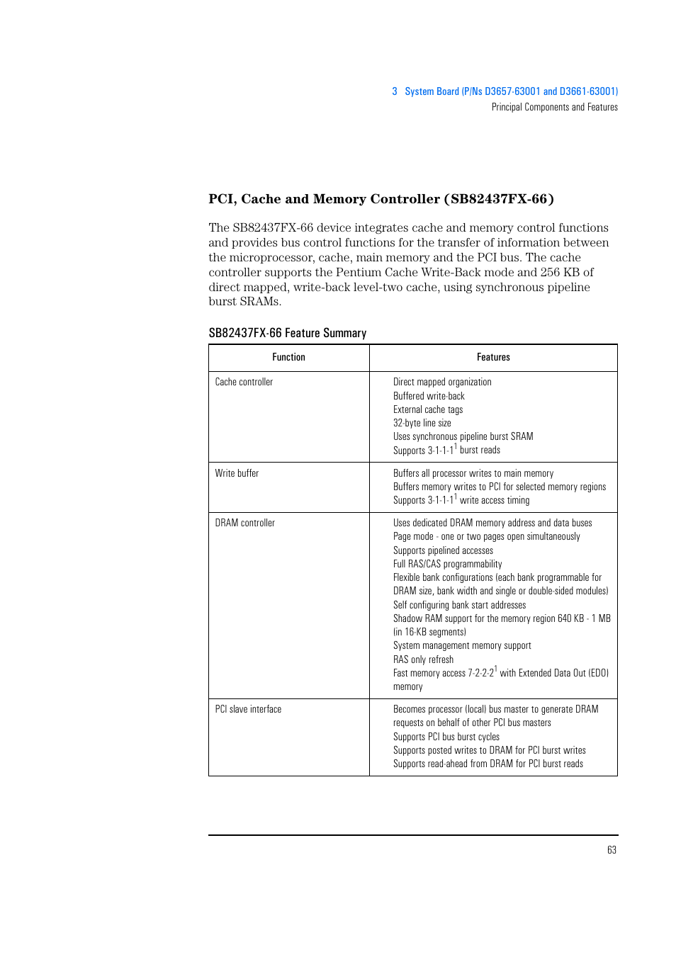 Pci, cache and memory controller (sb82437fx-66), Sb82437fx-66 feature summary | HP Vectra 500 Series User Manual | Page 63 / 146