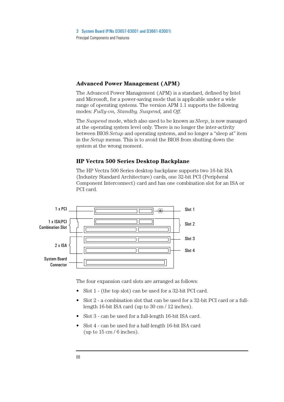 Advanced power management (apm), Hp vectra 500 series desktop backplane | HP Vectra 500 Series User Manual | Page 68 / 146