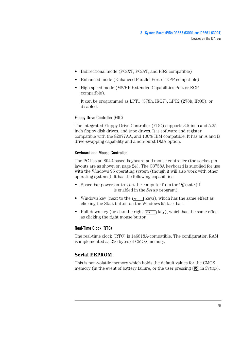 Floppy drive controller (fdc), Keyboard and mouse controller, Real-time clock (rtc) | Serial eeprom | HP Vectra 500 Series User Manual | Page 79 / 146