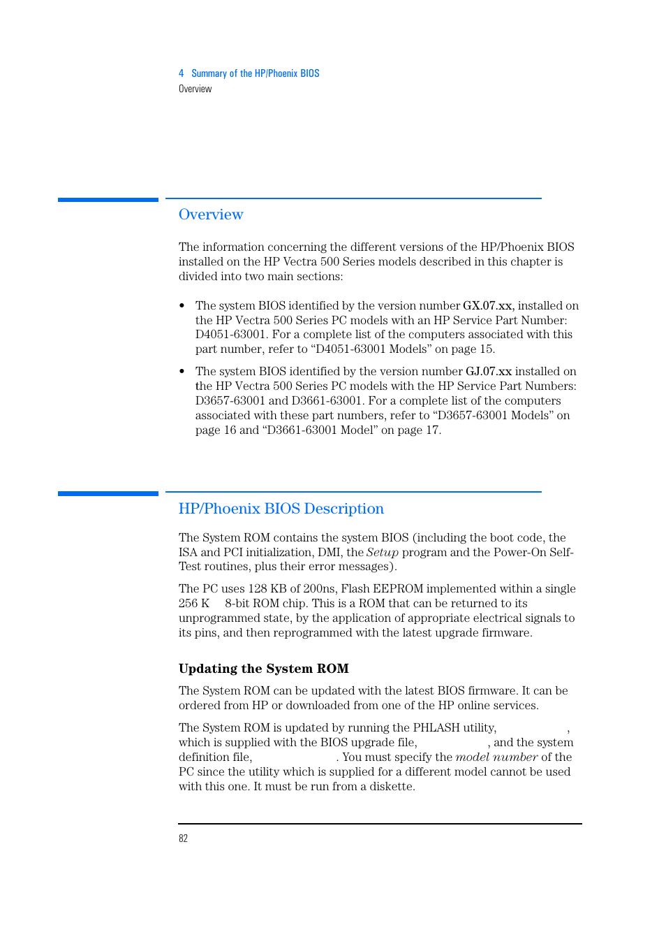 Overview, Hp/phoenix bios description, Updating the system rom | HP Vectra 500 Series User Manual | Page 82 / 146