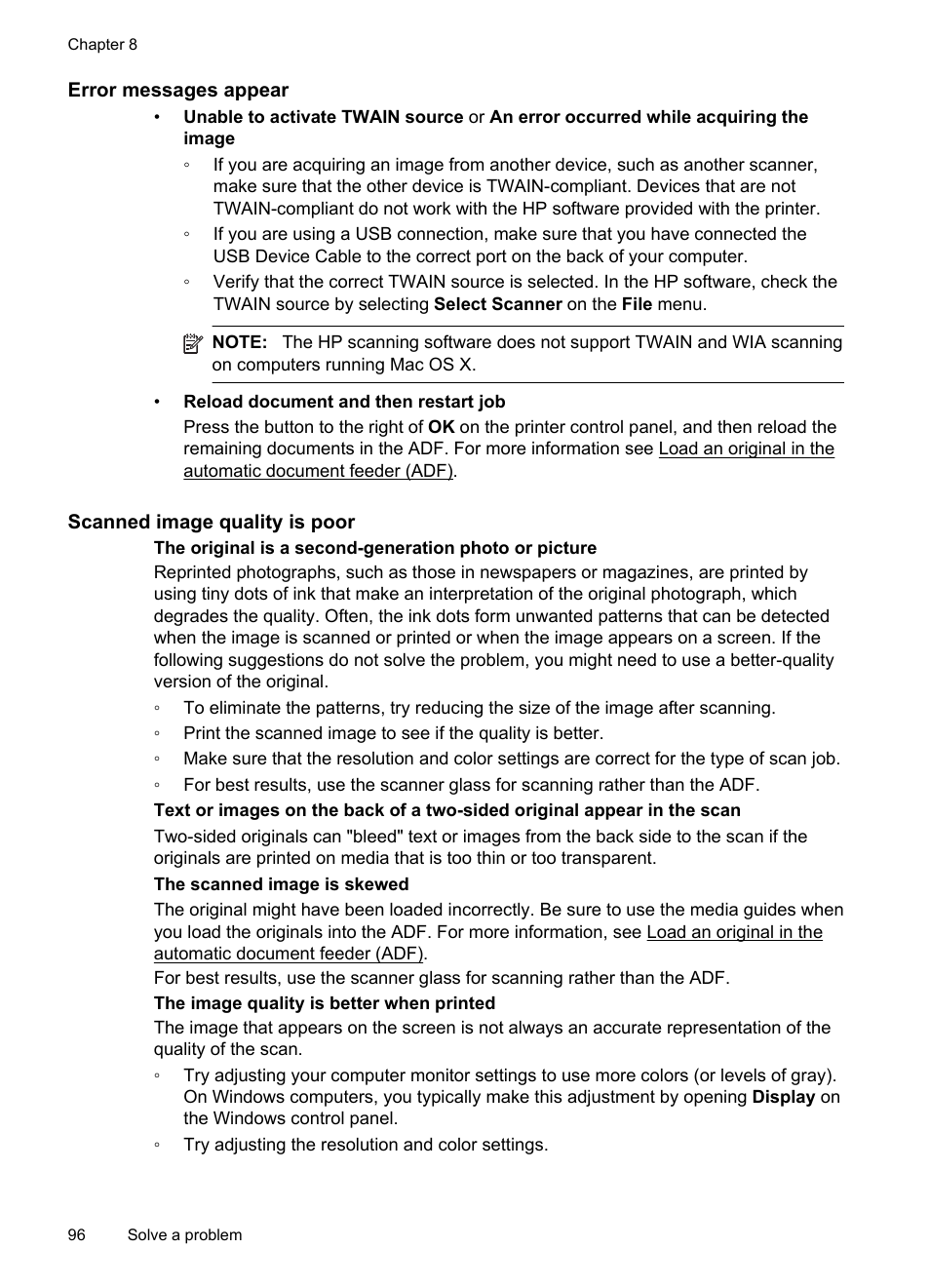 Error messages appear, Scanned image quality is poor | HP 4620 User Manual | Page 100 / 228