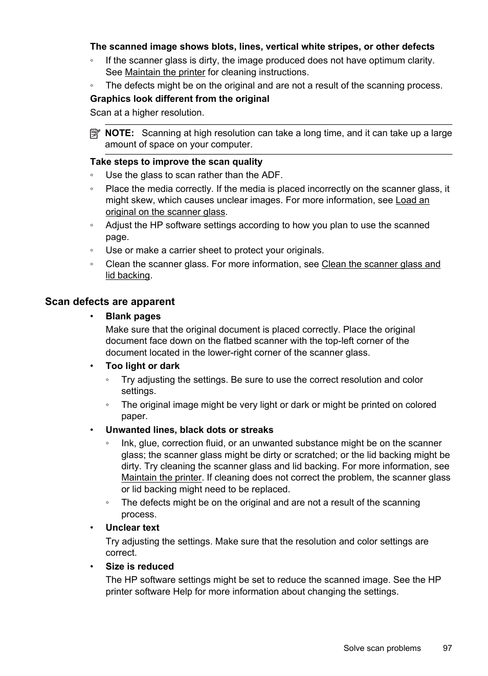 Scan defects are apparent | HP 4620 User Manual | Page 101 / 228