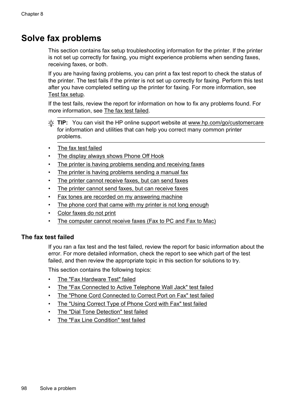 Solve fax problems, The fax test failed | HP 4620 User Manual | Page 102 / 228