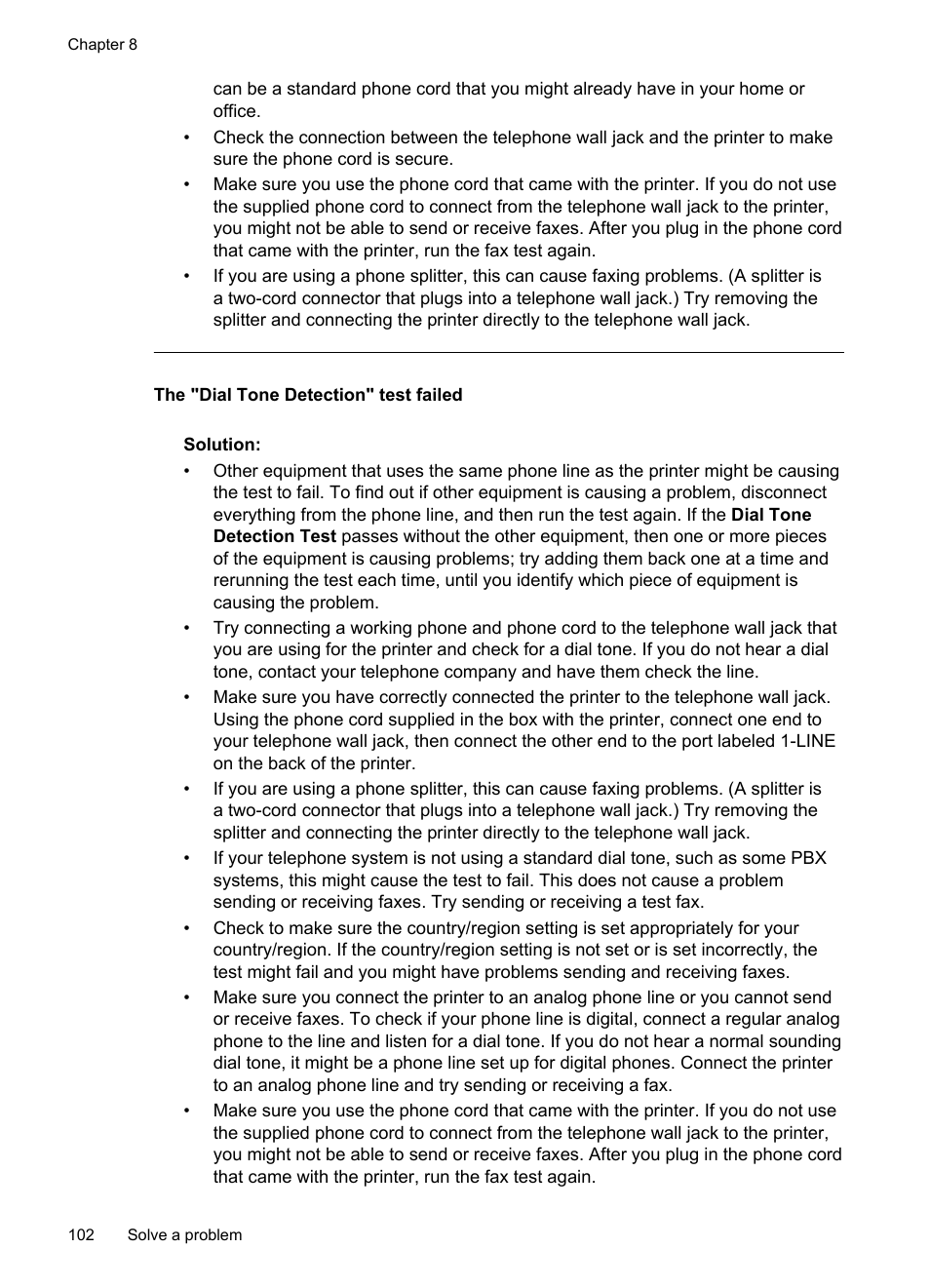 The "dial tone detection" test failed | HP 4620 User Manual | Page 106 / 228