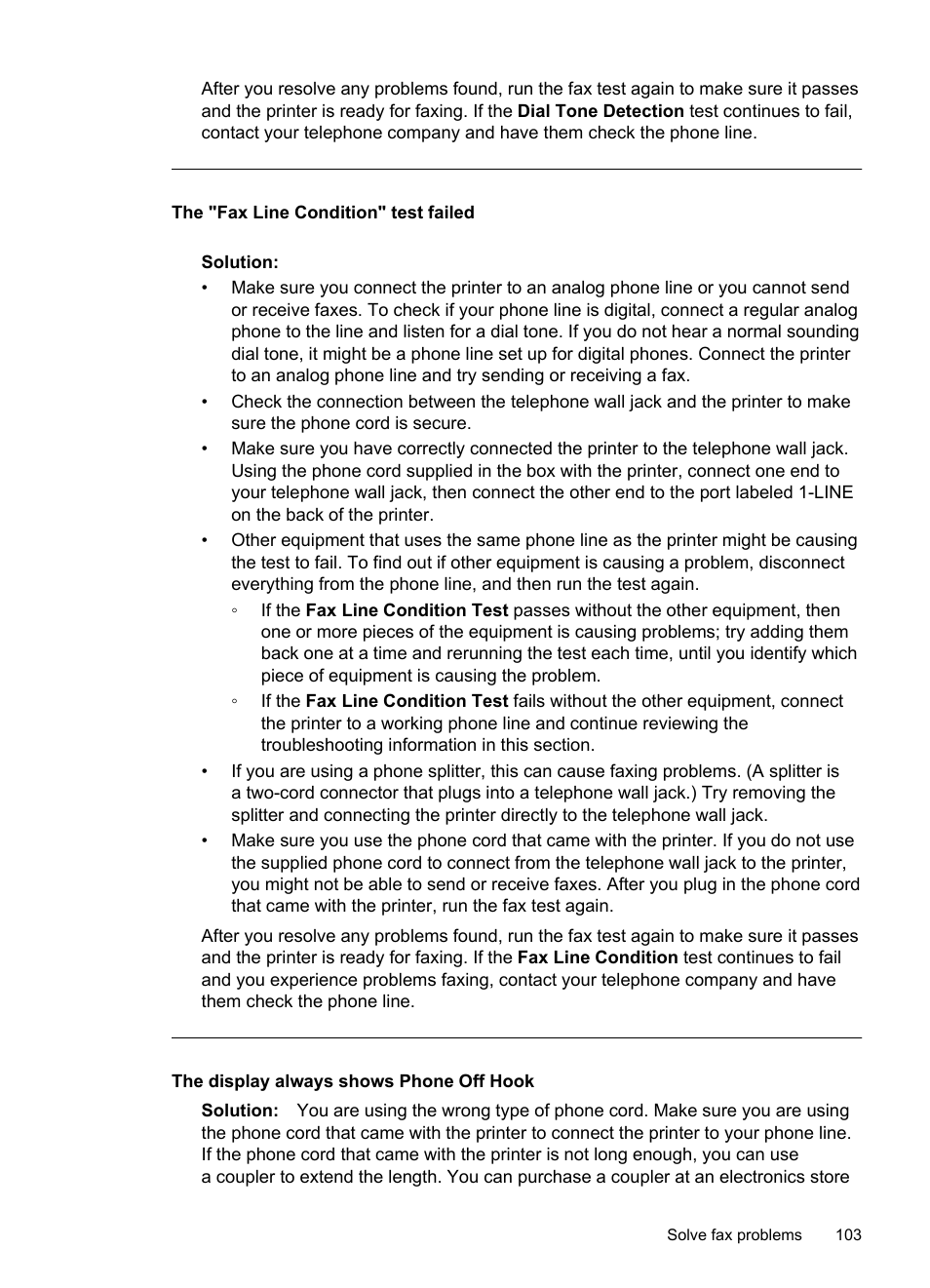 The display always shows phone off hook, The "fax line condition" test failed | HP 4620 User Manual | Page 107 / 228