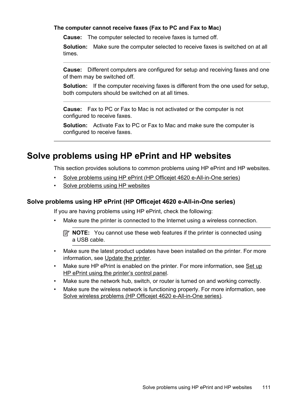 Solve problems using hp eprint and hp websites | HP 4620 User Manual | Page 115 / 228