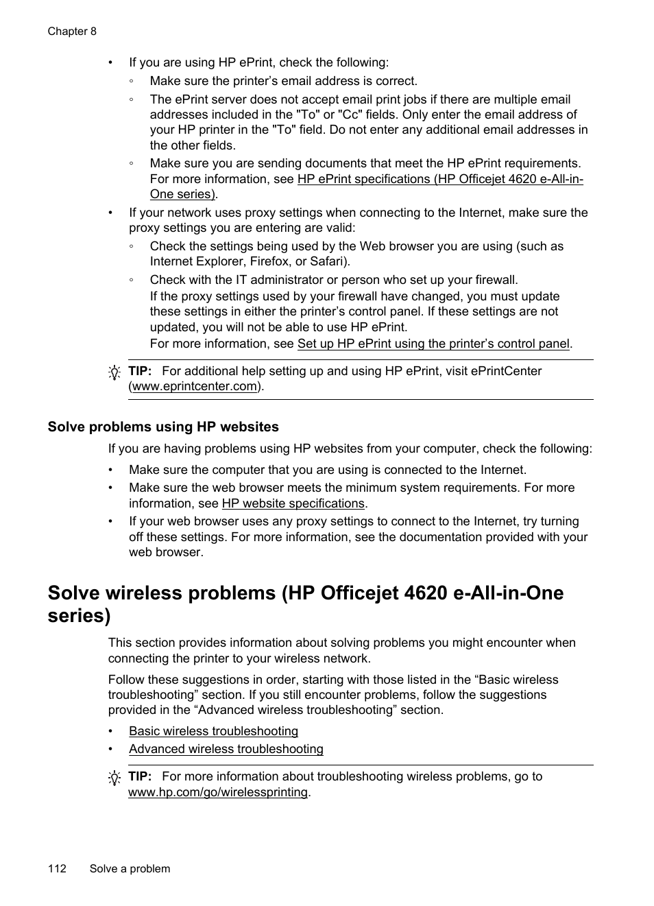 Solve problems using hp websites | HP 4620 User Manual | Page 116 / 228