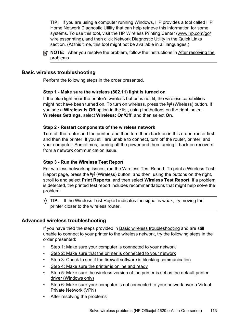 Basic wireless troubleshooting, Advanced wireless troubleshooting | HP 4620 User Manual | Page 117 / 228