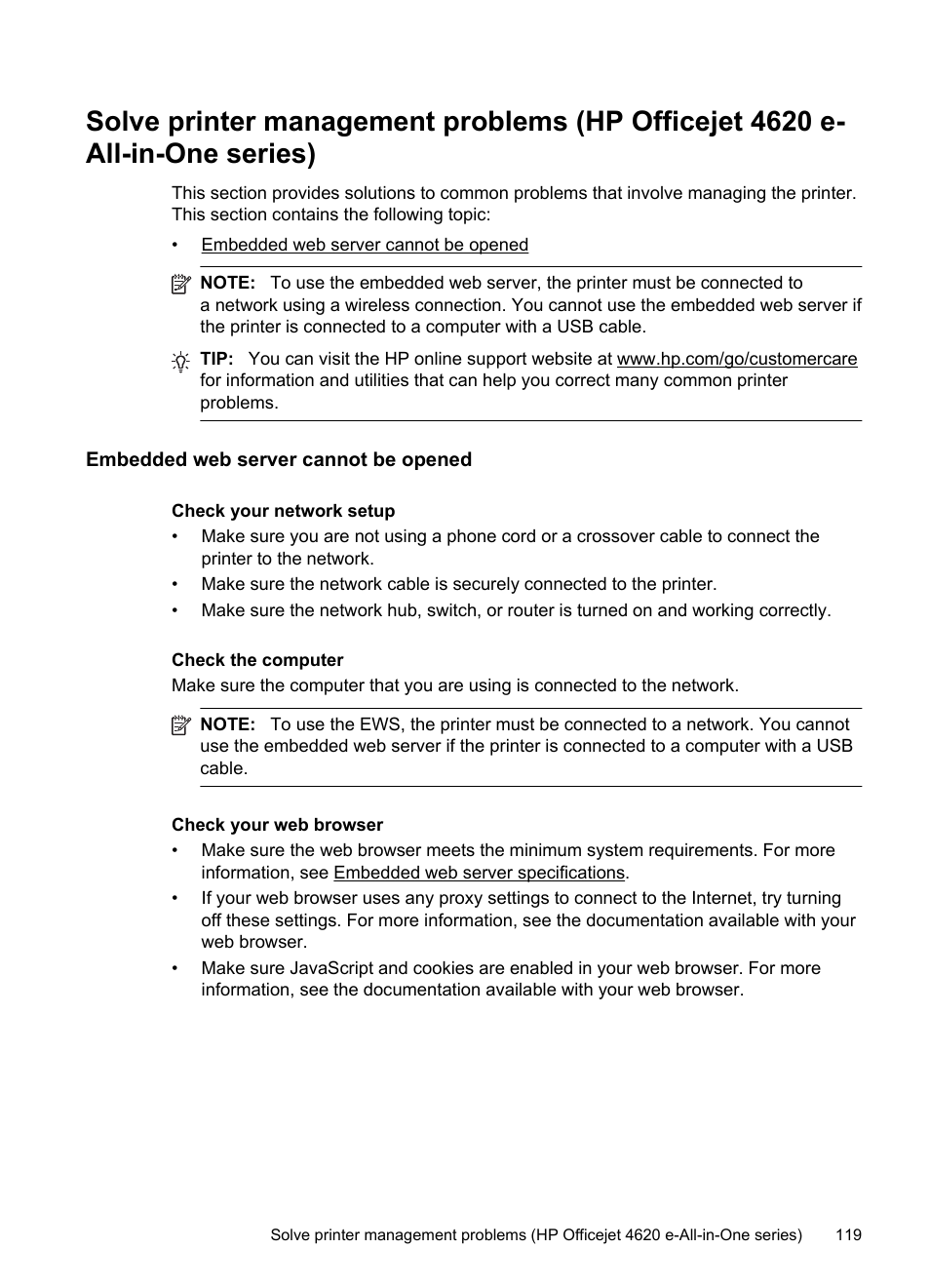 Embedded web server cannot be opened | HP 4620 User Manual | Page 123 / 228