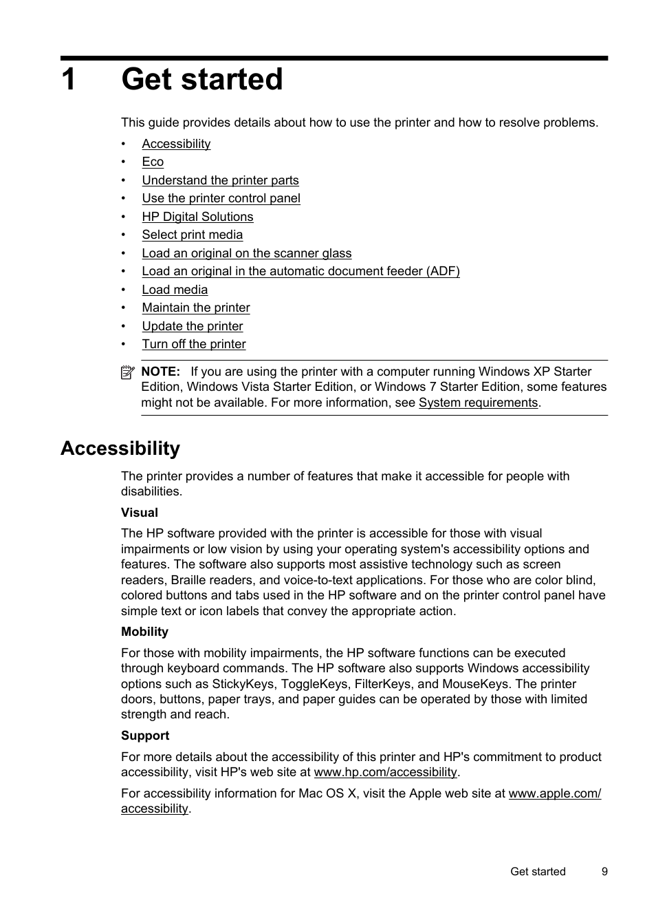 Get started, Accessibility, 1 get started | 1get started | HP 4620 User Manual | Page 13 / 228