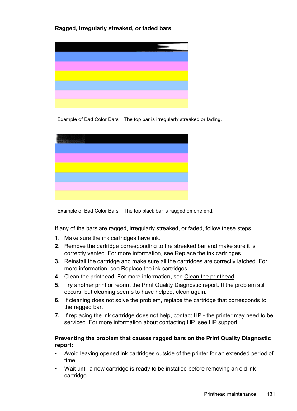 Ragged, irregularly streaked, or faded bars | HP 4620 User Manual | Page 135 / 228
