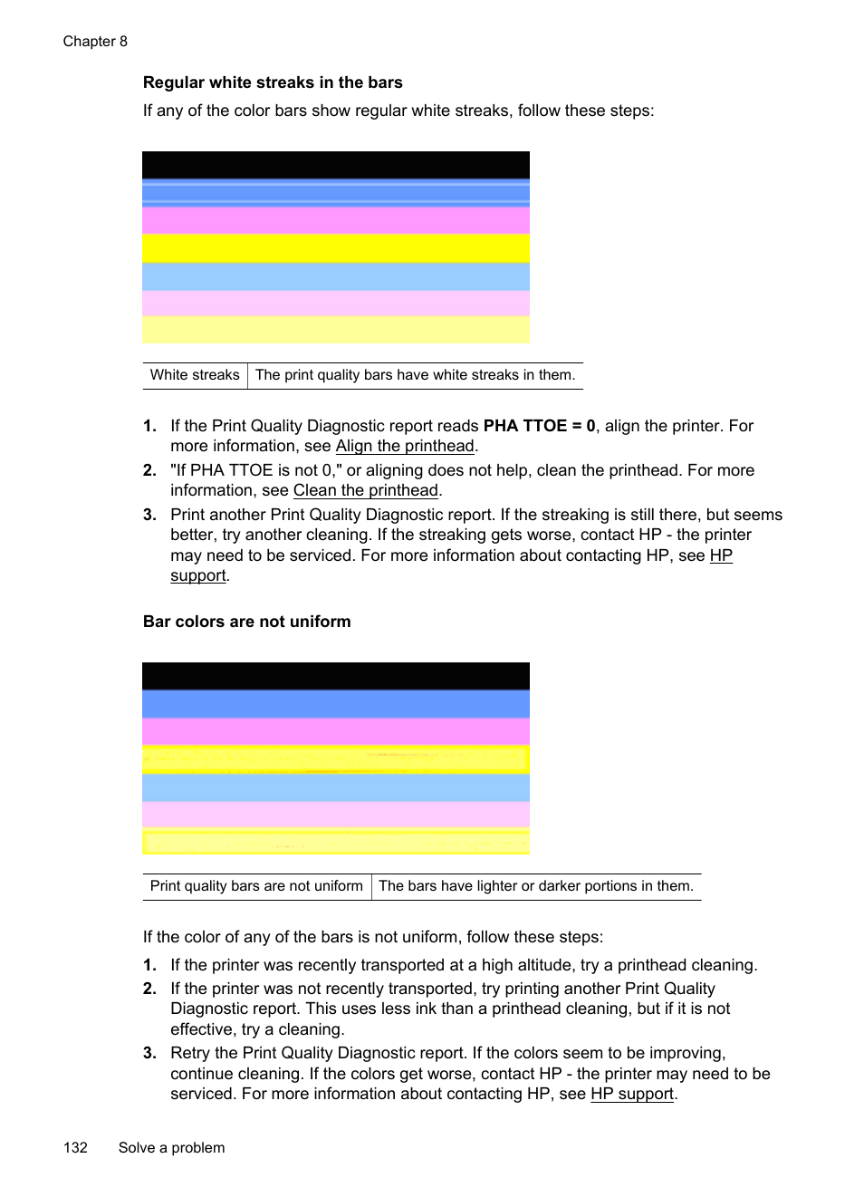 Regular white streaks in the bars, Bar colors are not uniform | HP 4620 User Manual | Page 136 / 228