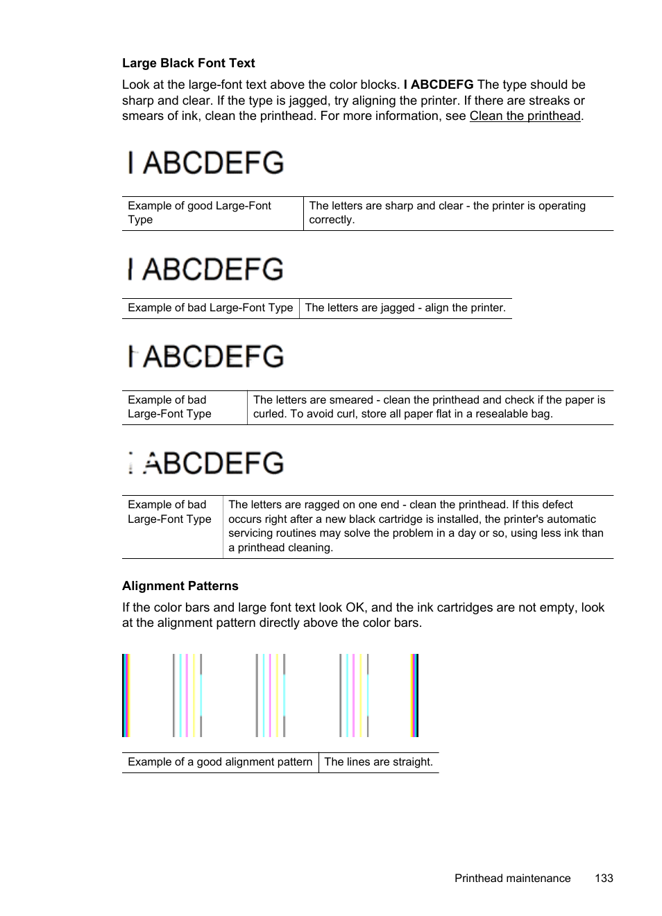 Large black font text, Alignment patterns | HP 4620 User Manual | Page 137 / 228