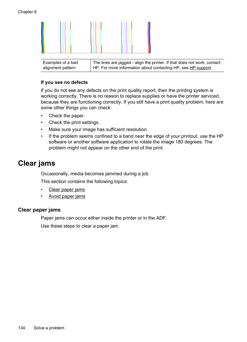 Clear jams, Clear paper jams, Clear paper jams avoid paper jams | E clear jams, If you see no defects | HP 4620 User Manual | Page 138 / 228