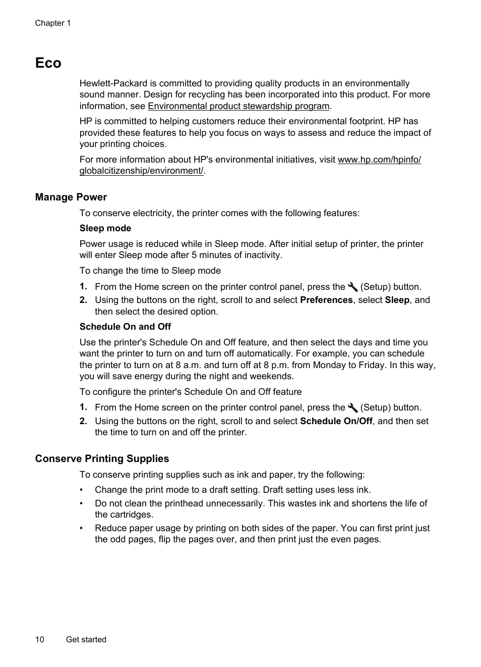 Manage power, Conserve printing supplies, Manage power conserve printing supplies | HP 4620 User Manual | Page 14 / 228