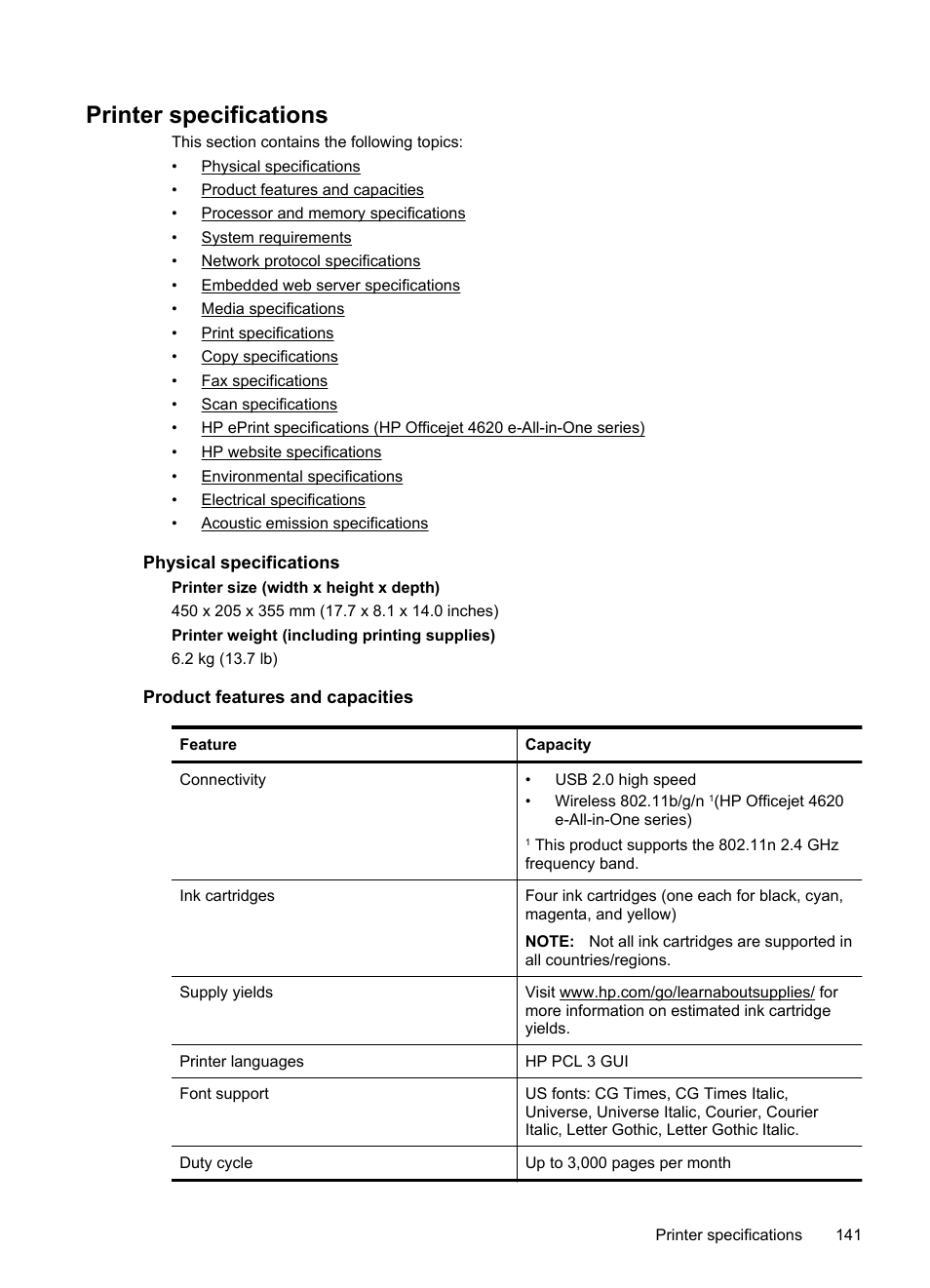 Printer specifications, Physical specifications, Product features and capacities | HP 4620 User Manual | Page 145 / 228