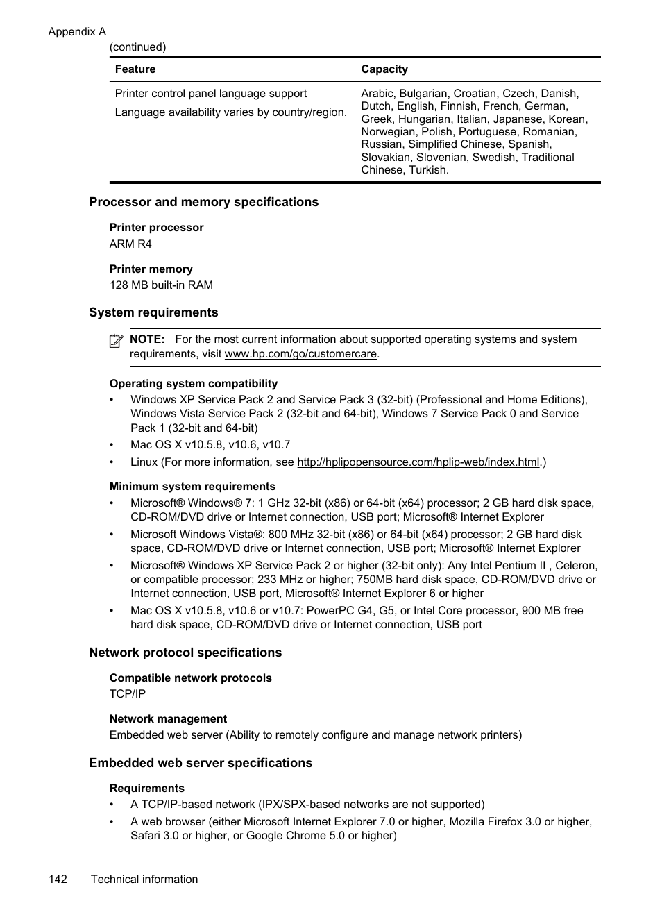 Processor and memory specifications, System requirements, Network protocol specifications | Embedded web server specifications | HP 4620 User Manual | Page 146 / 228