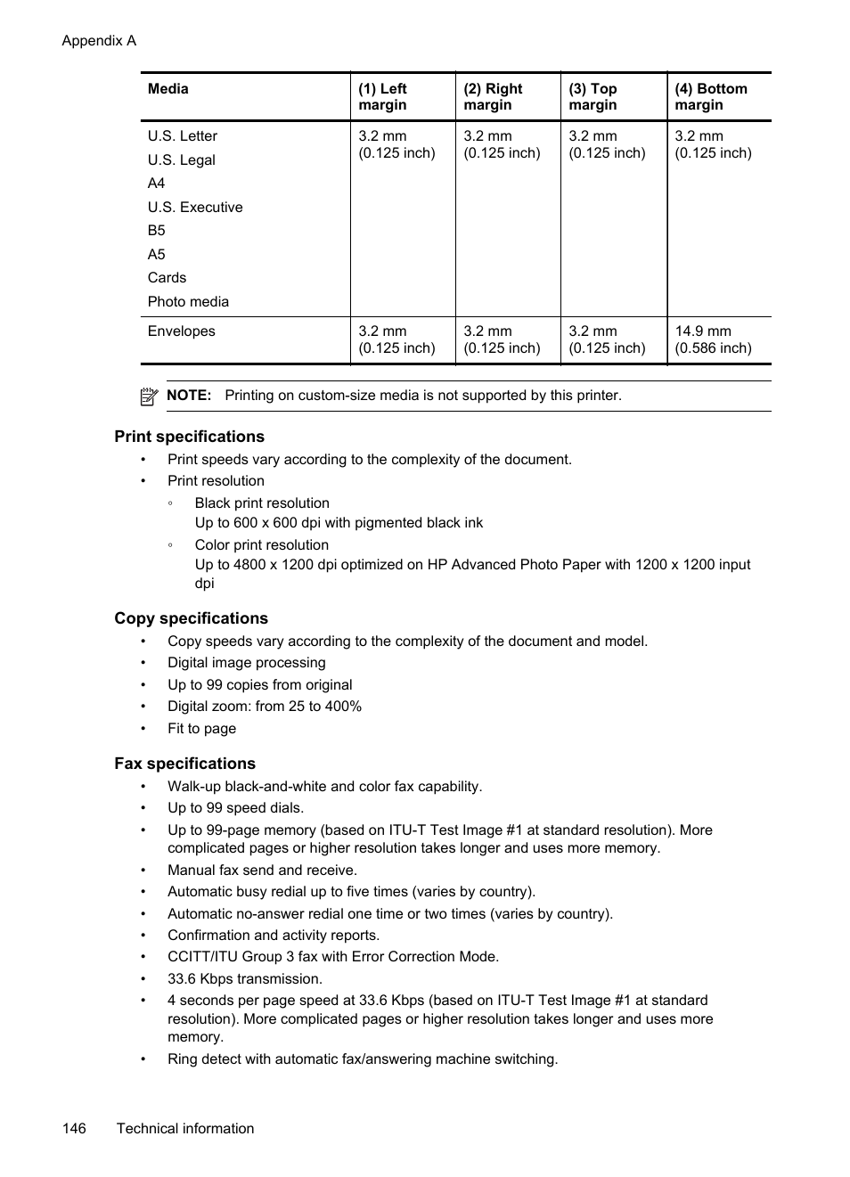 Print specifications, Copy specifications, Fax specifications | HP 4620 User Manual | Page 150 / 228