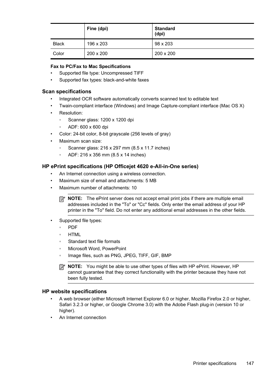 Scan specifications, Hp website specifications | HP 4620 User Manual | Page 151 / 228