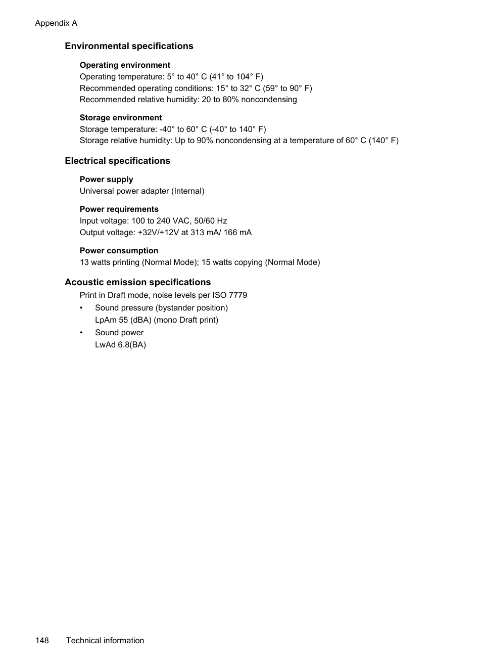 Environmental specifications, Electrical specifications, Acoustic emission specifications | HP 4620 User Manual | Page 152 / 228