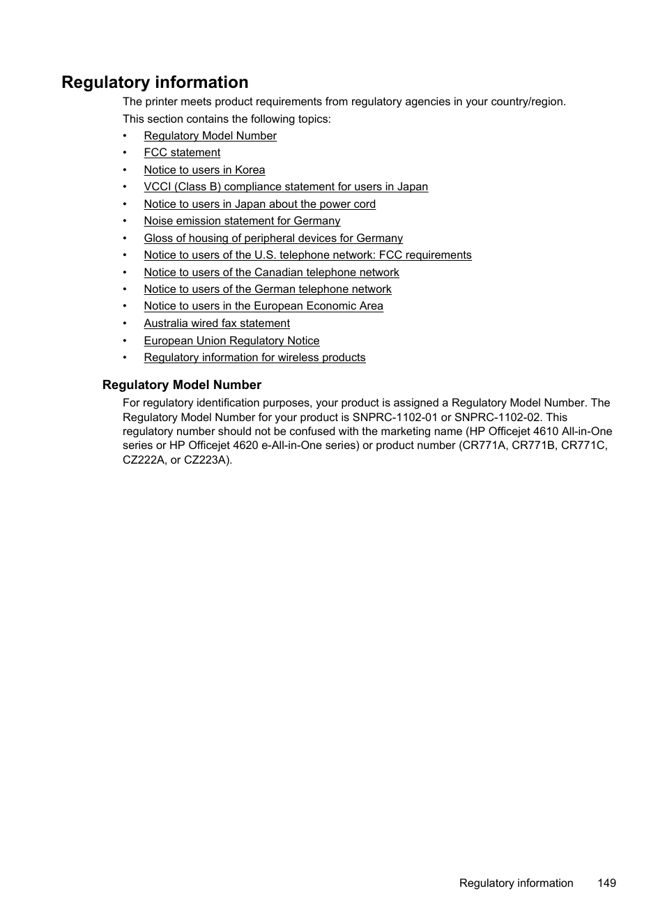 Regulatory information, Regulatory model number | HP 4620 User Manual | Page 153 / 228