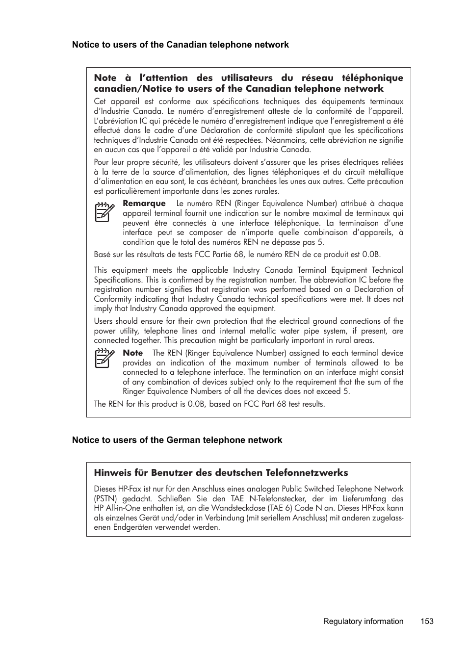 Notice to users of the canadian telephone network, Notice to users of the german telephone network | HP 4620 User Manual | Page 157 / 228