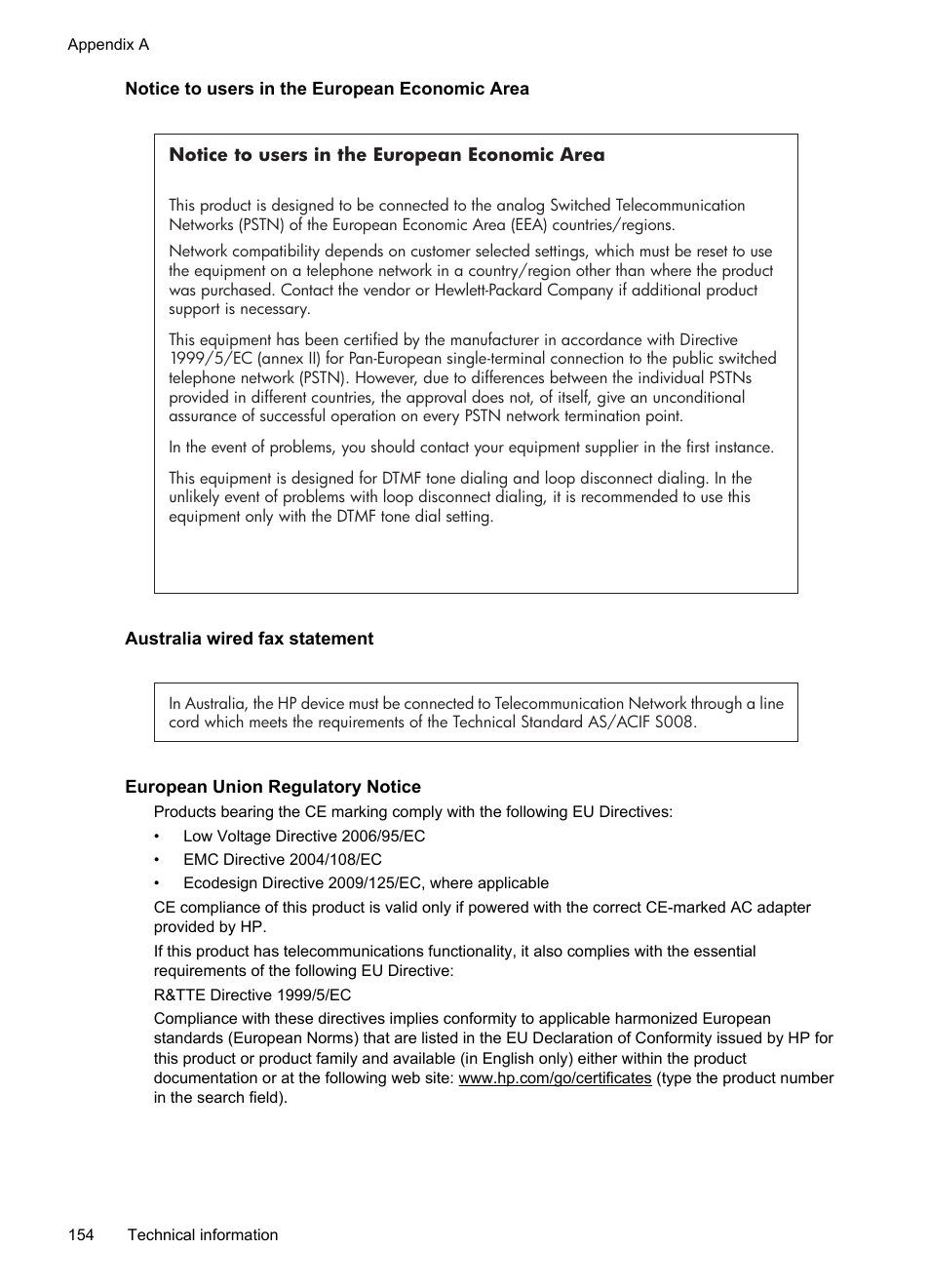 Notice to users in the european economic area, Australia wired fax statement, European union regulatory notice | HP 4620 User Manual | Page 158 / 228