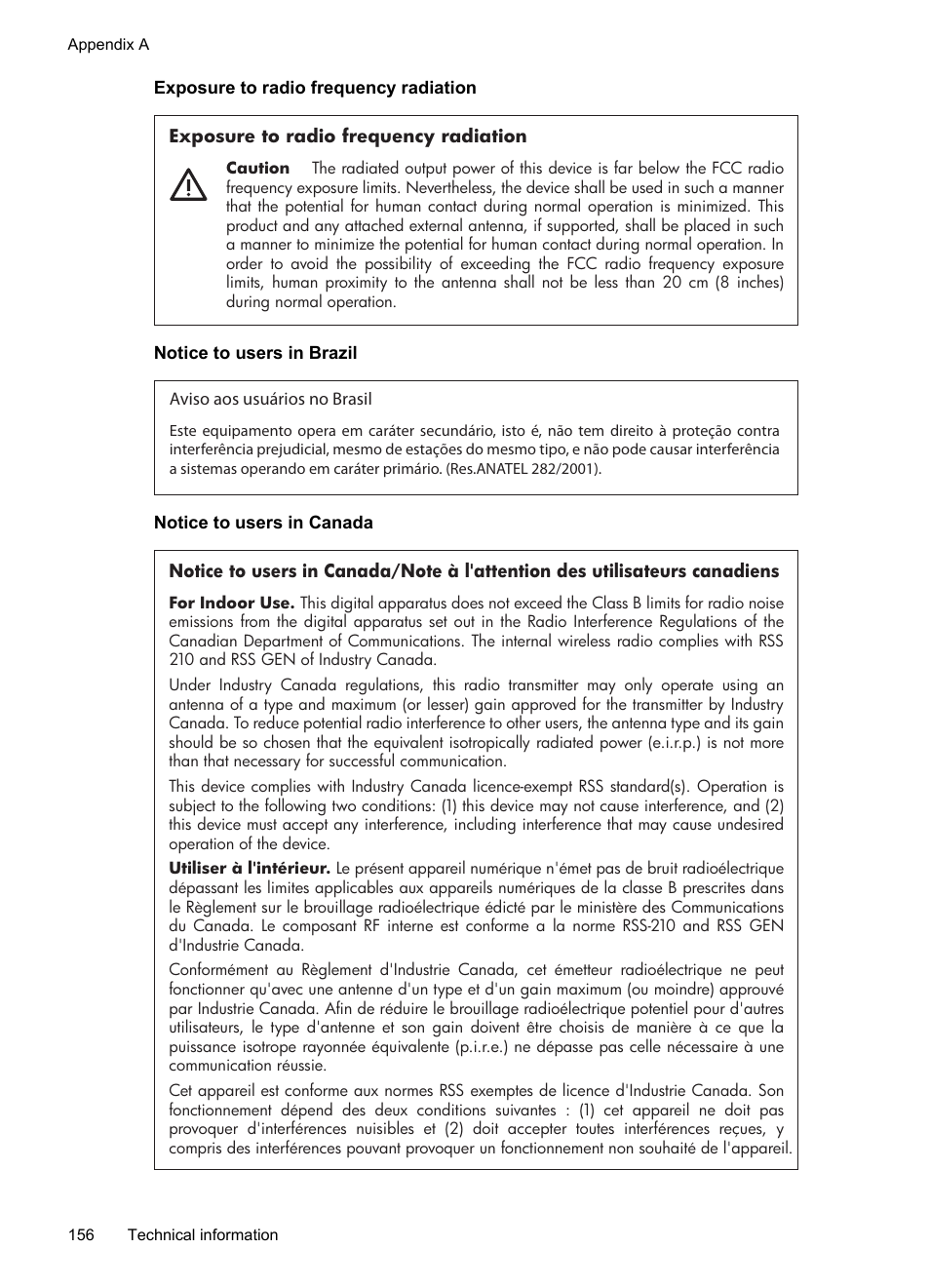 Exposure to radio frequency radiation, Notice to users in brazil, Notice to users in canada | HP 4620 User Manual | Page 160 / 228