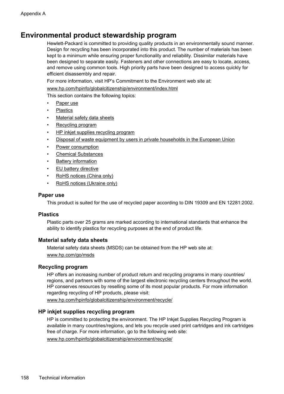 Environmental product stewardship program, Paper use, Plastics | Material safety data sheets, Recycling program, Hp inkjet supplies recycling program | HP 4620 User Manual | Page 162 / 228