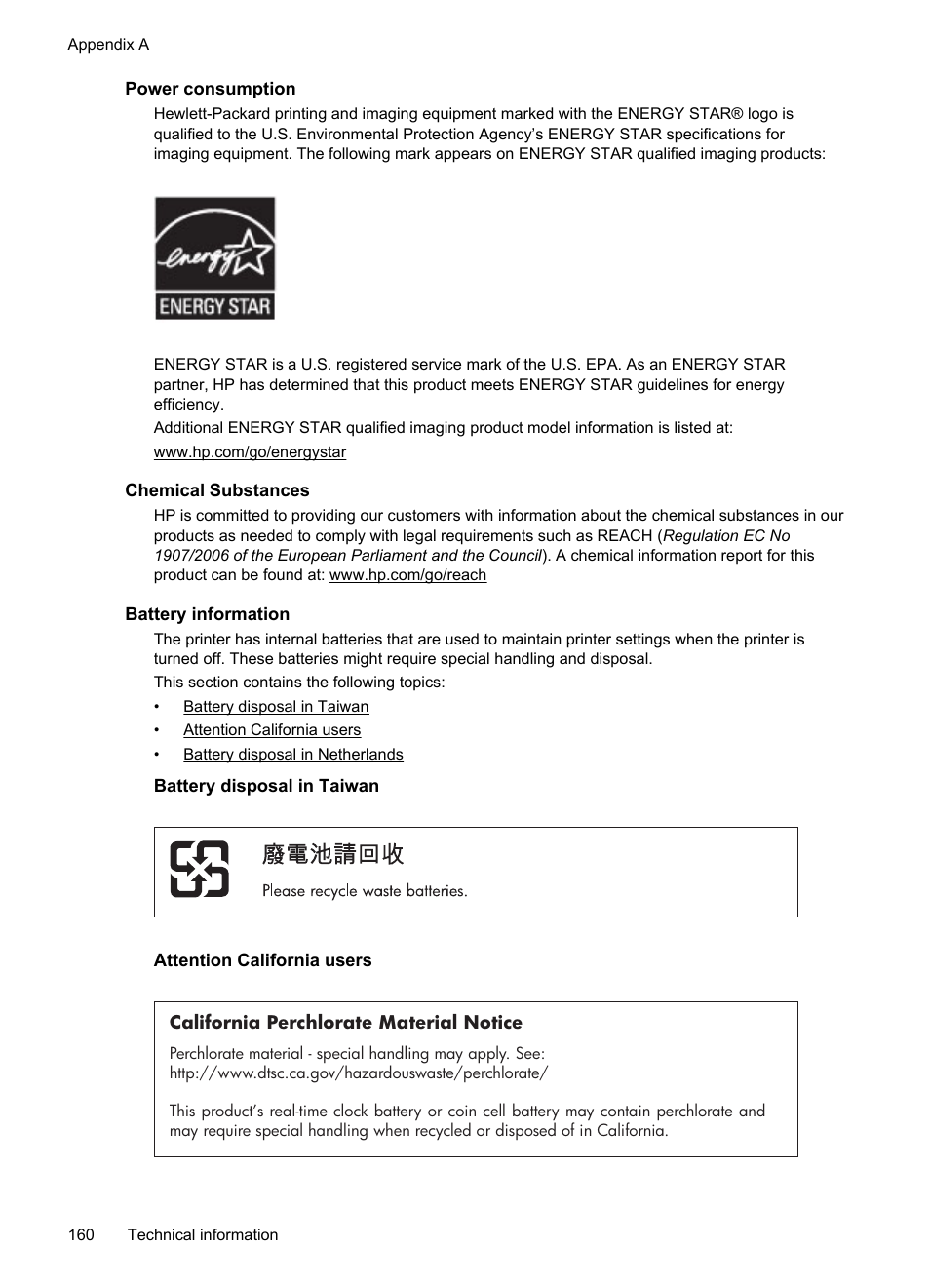 Power consumption, Chemical substances, Battery information | Battery disposal in taiwan, Attention california users | HP 4620 User Manual | Page 164 / 228