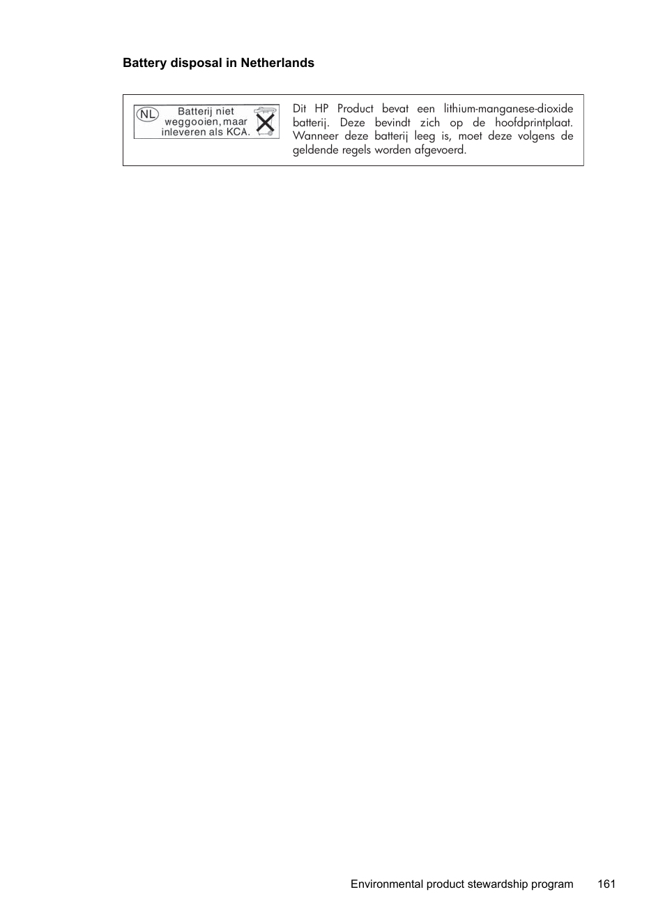 Battery disposal in netherlands | HP 4620 User Manual | Page 165 / 228