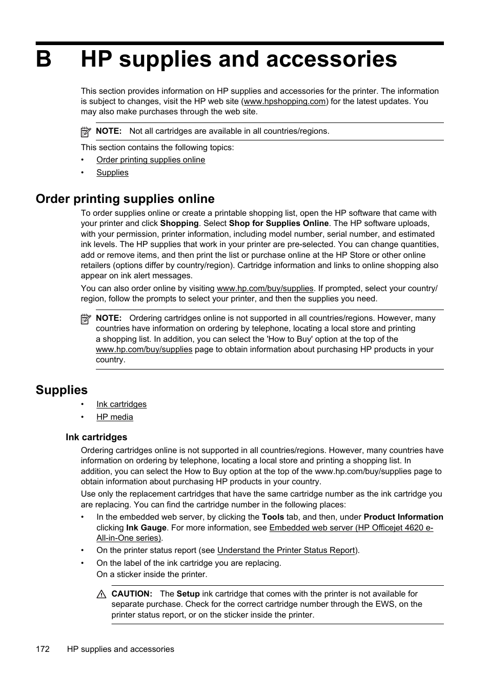 Hp supplies and accessories, Order printing supplies online, Supplies | Ink cartridges, B hp supplies and accessories, Order printing supplies online supplies, Ink cartridges hp media, Bhp supplies and accessories | HP 4620 User Manual | Page 176 / 228