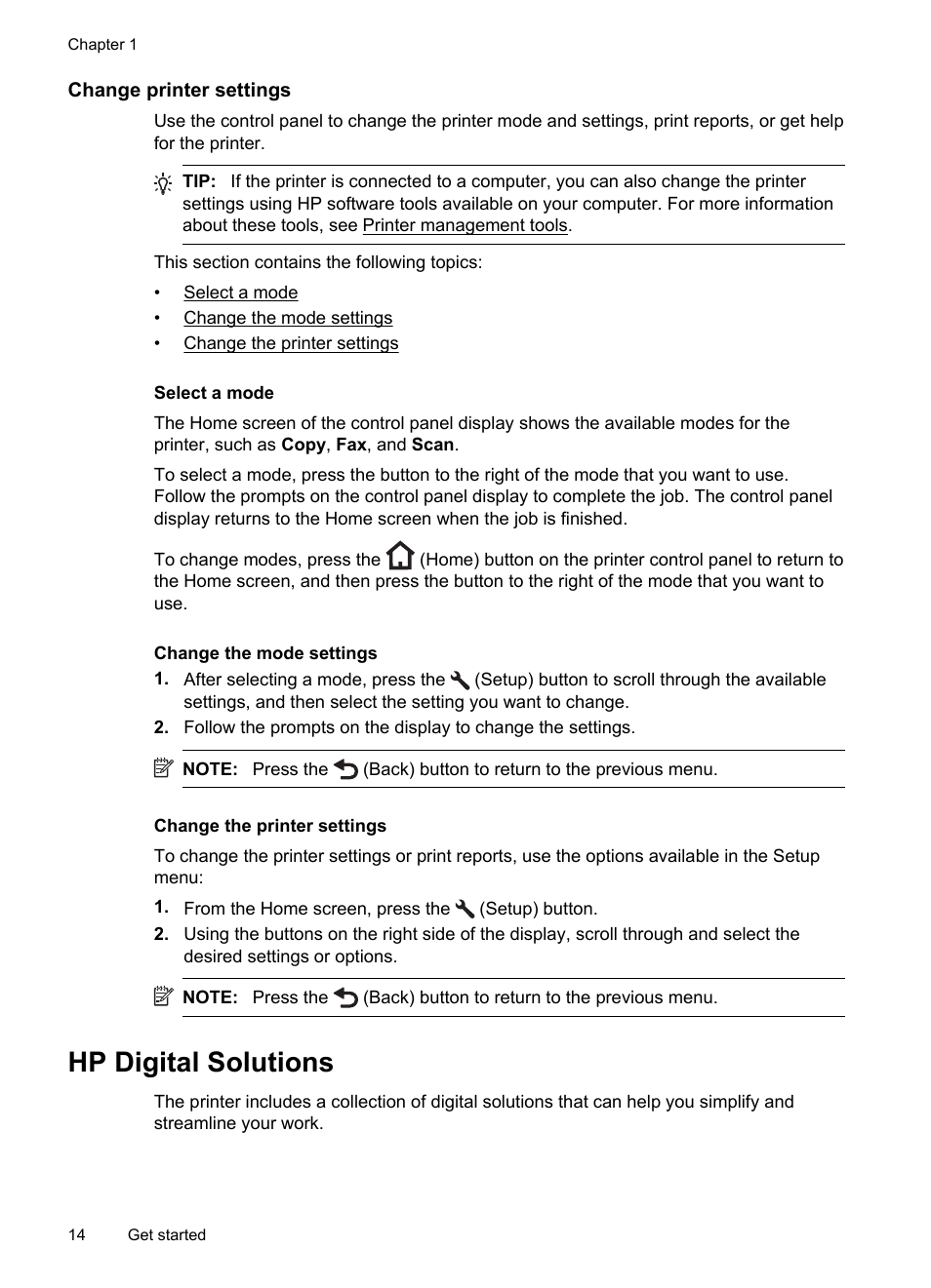 Change printer settings, Select a mode, Change the mode settings | Change the printer settings, Hp digital solutions | HP 4620 User Manual | Page 18 / 228