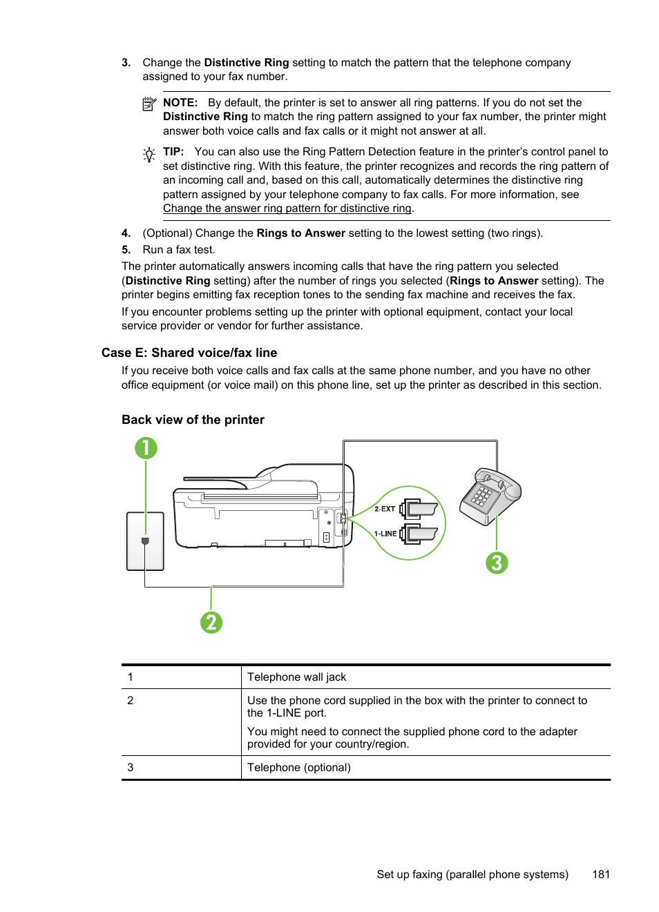 Case e: shared voice/fax line | HP 4620 User Manual | Page 185 / 228