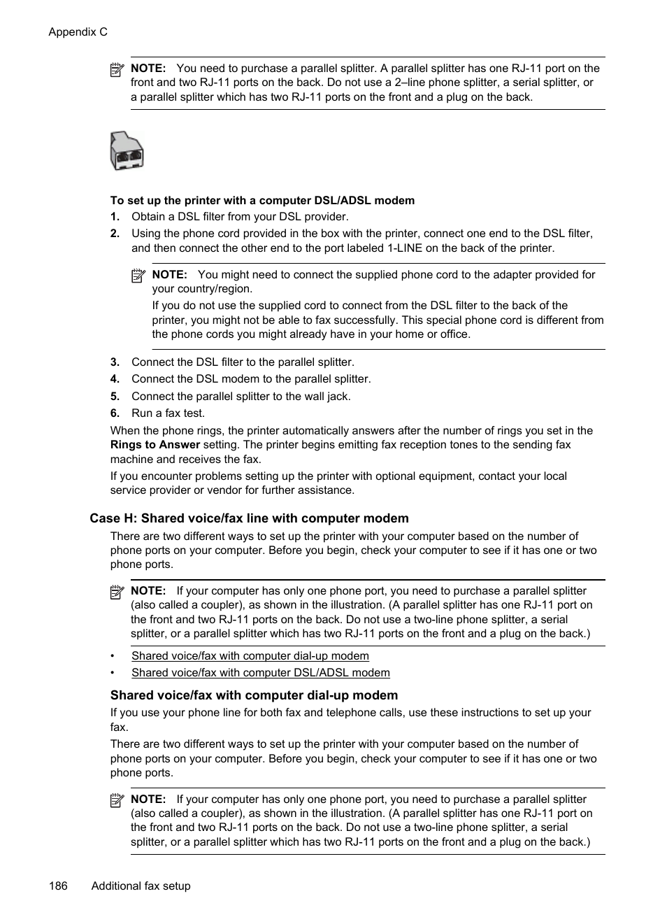 Case h: shared voice/fax line with computer modem, Shared voice/fax with computer dial-up modem | HP 4620 User Manual | Page 190 / 228