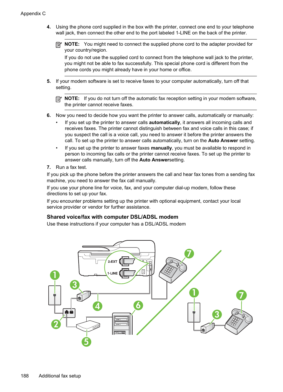 Shared voice/fax with computer dsl/adsl modem | HP 4620 User Manual | Page 192 / 228