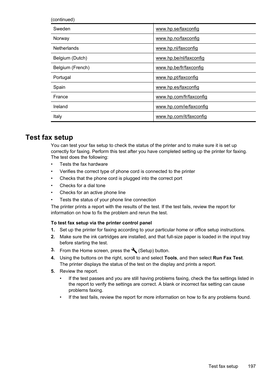 Test fax setup, E test fax setup | HP 4620 User Manual | Page 201 / 228