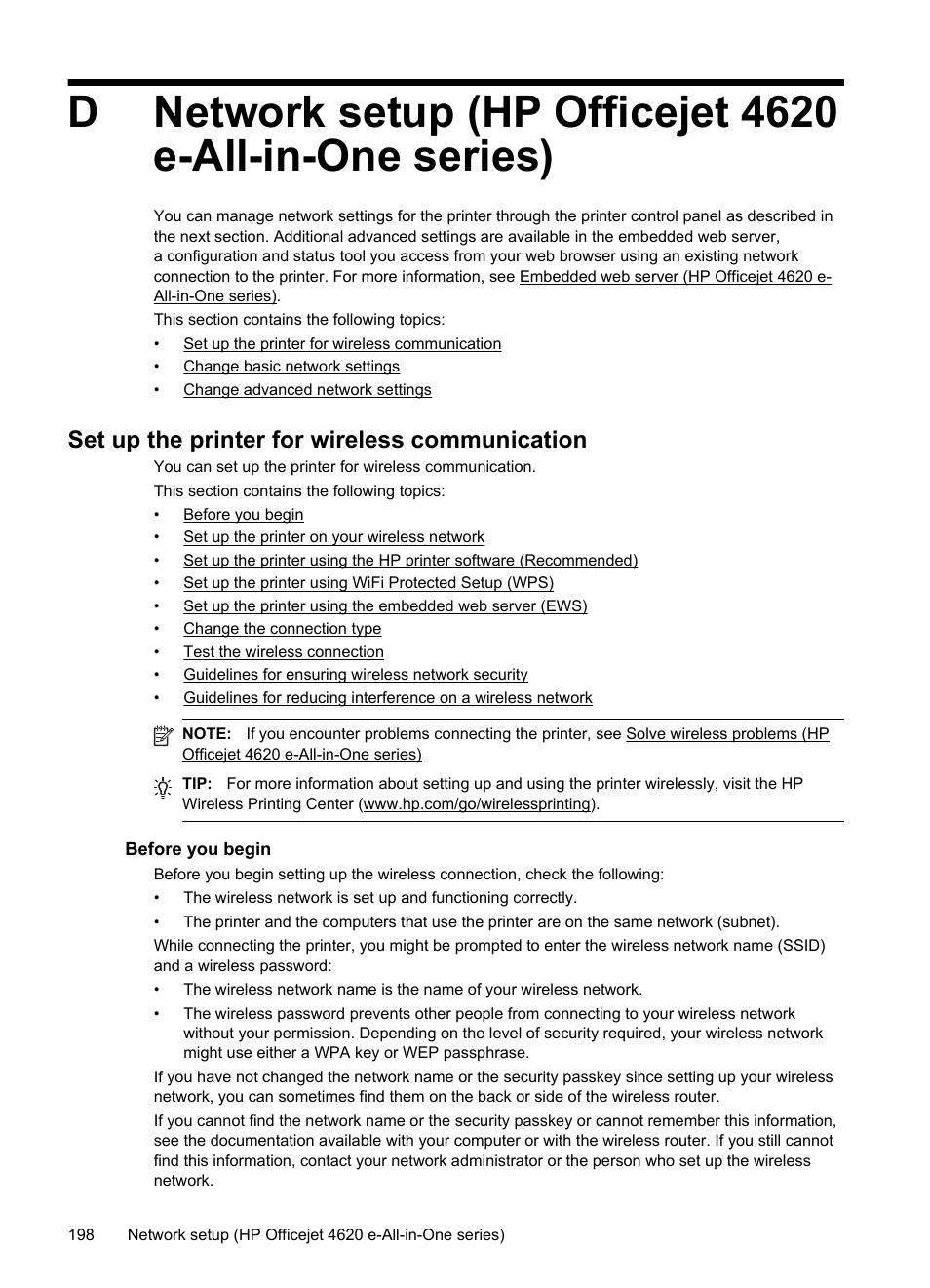 Set up the printer for wireless communication, Before you begin | HP 4620 User Manual | Page 202 / 228