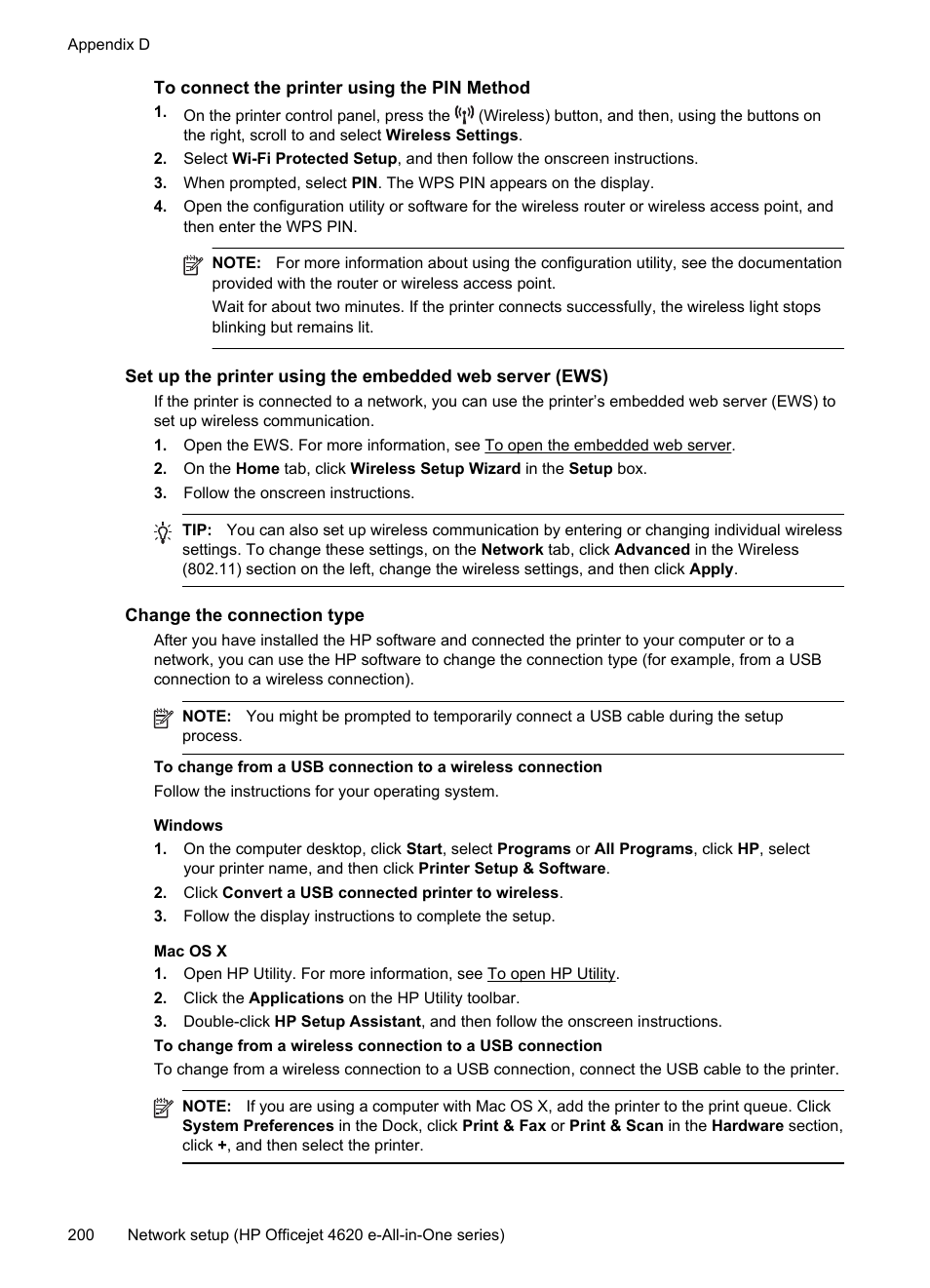 To connect the printer using the pin method, Change the connection type | HP 4620 User Manual | Page 204 / 228