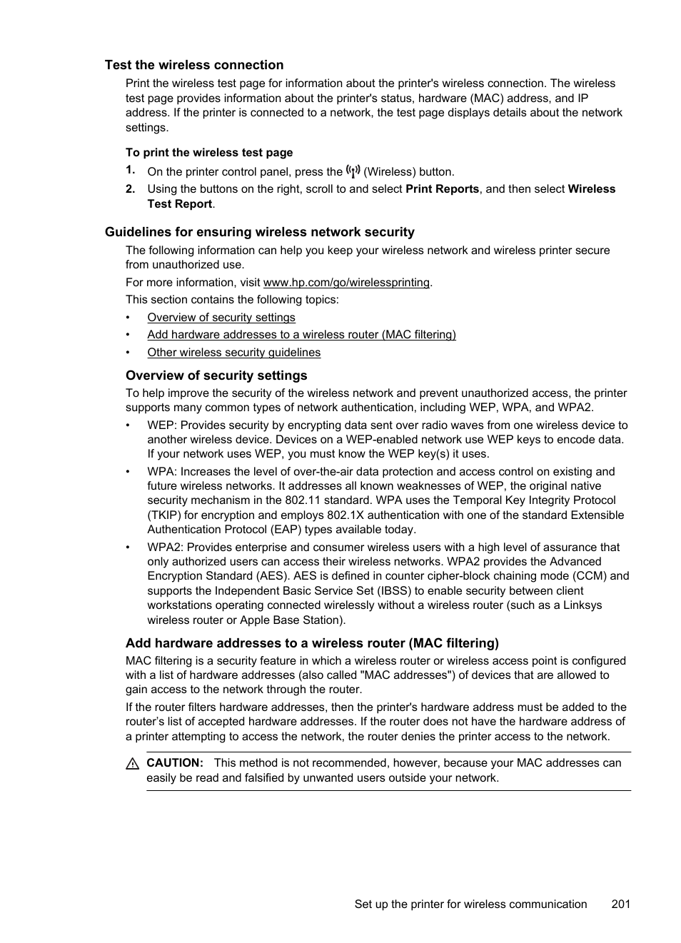 Test the wireless connection, Guidelines for ensuring wireless network security, Overview of security settings | HP 4620 User Manual | Page 205 / 228