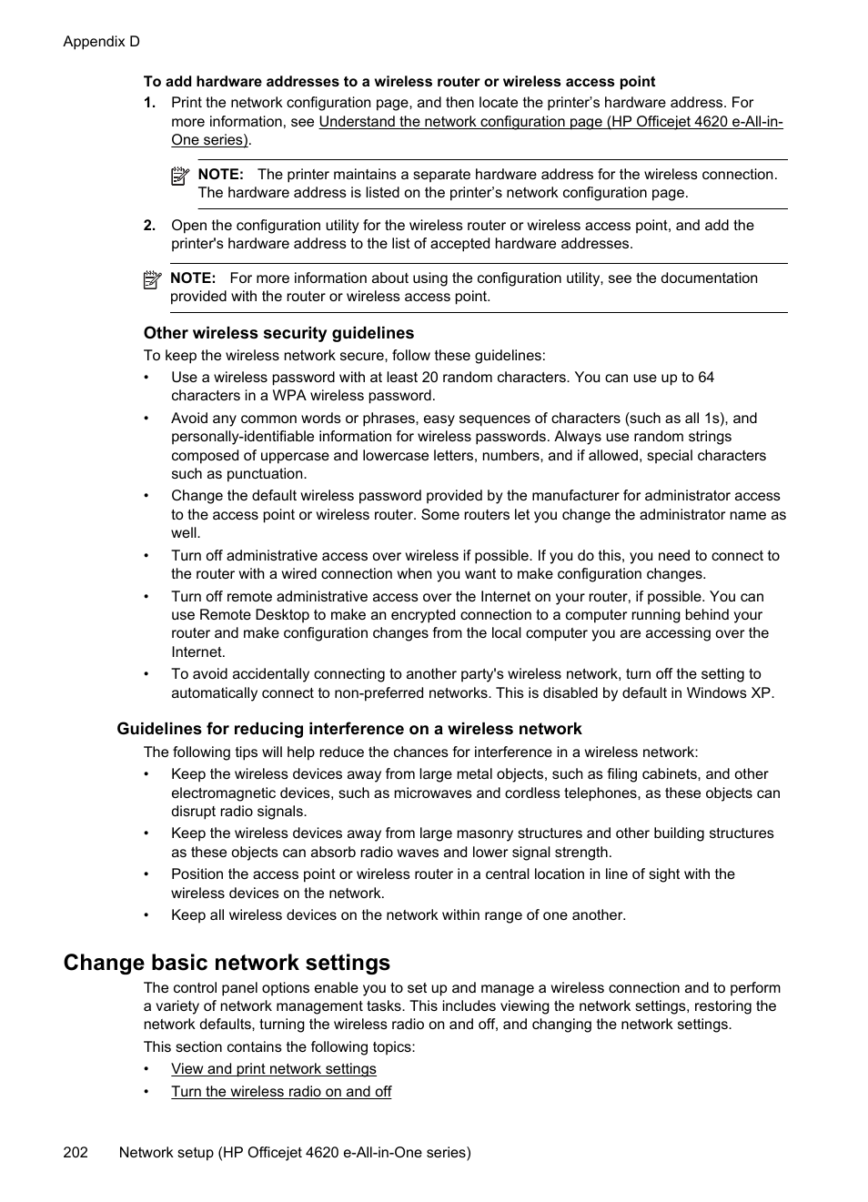 Other wireless security guidelines, Change basic network settings | HP 4620 User Manual | Page 206 / 228