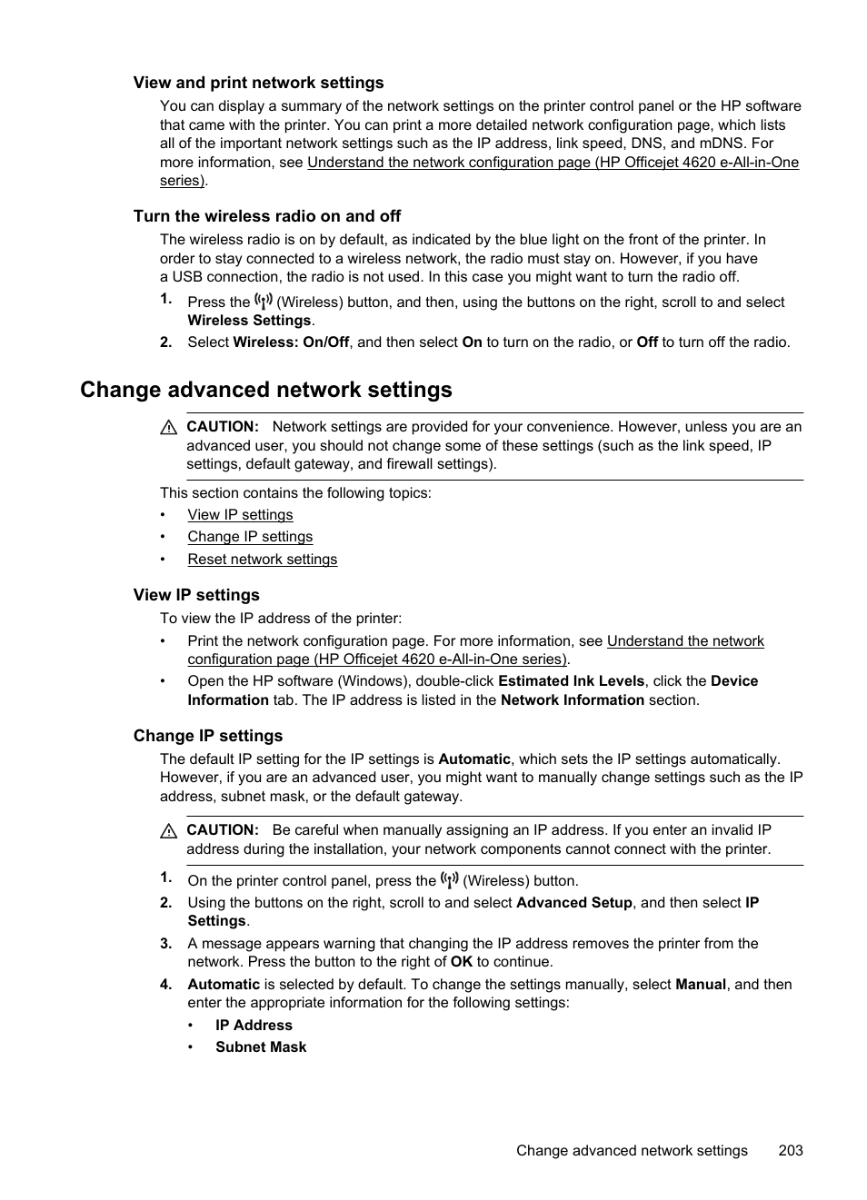 View and print network settings, Turn the wireless radio on and off, Change advanced network settings | View ip settings, Change ip settings | HP 4620 User Manual | Page 207 / 228