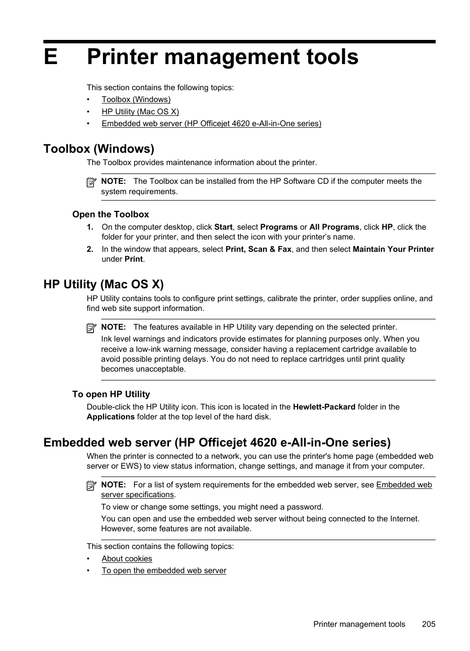 Printer management tools, Toolbox (windows), Hp utility (mac os x) | E printer management tools, About cookies to open the embedded web server, Embedded web server, Hp officejet 4620 e-all-in-one series), E printer management tools. you, E embedded web, Server (hp officejet 4620 e-all-in-one series) | HP 4620 User Manual | Page 209 / 228