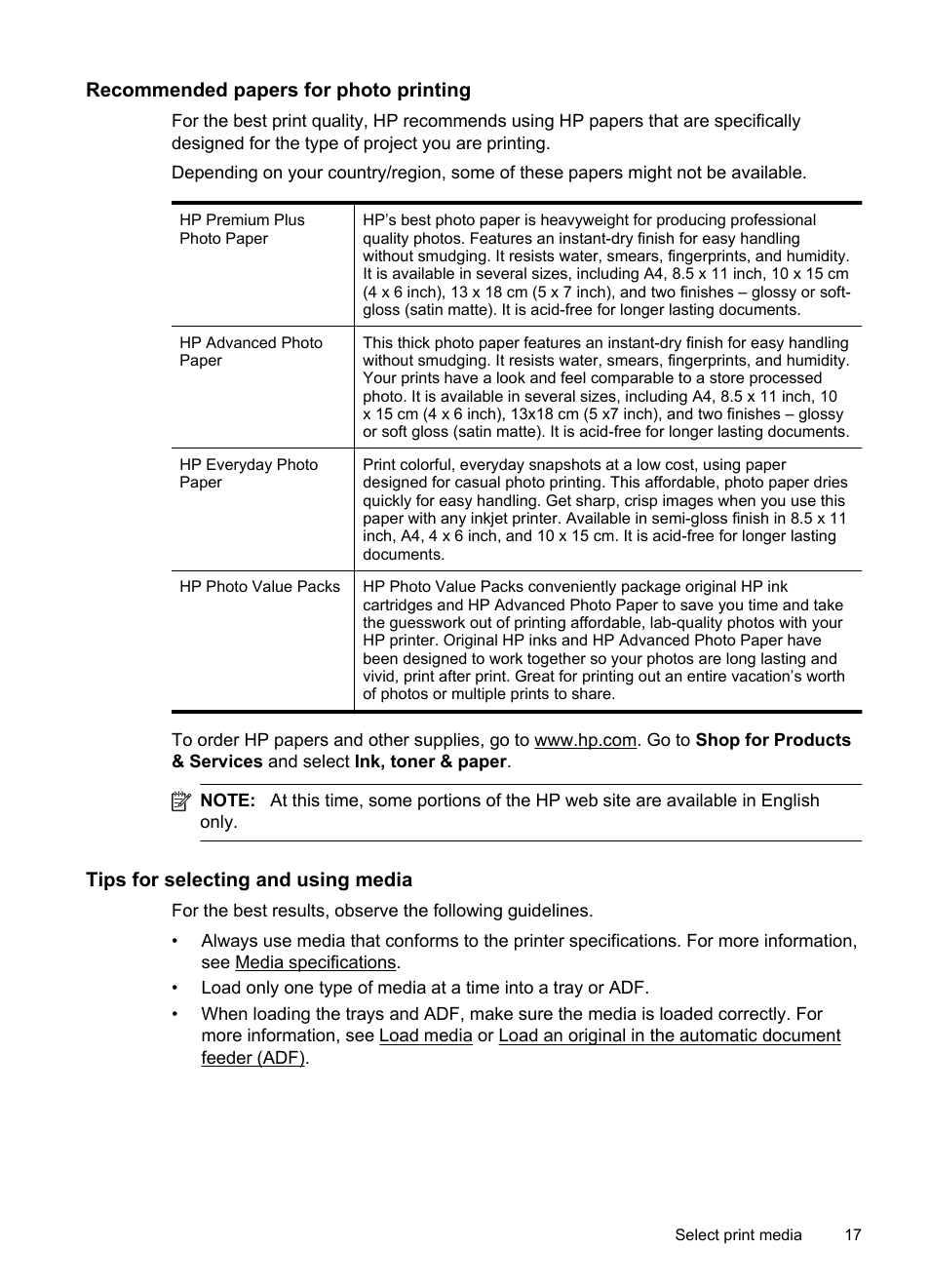 Recommended papers for photo printing, Tips for selecting and using media | HP 4620 User Manual | Page 21 / 228