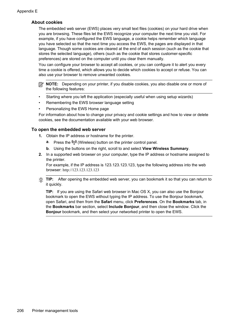 About cookies, To open the embedded web server, See to open the embedded web server | HP 4620 User Manual | Page 210 / 228