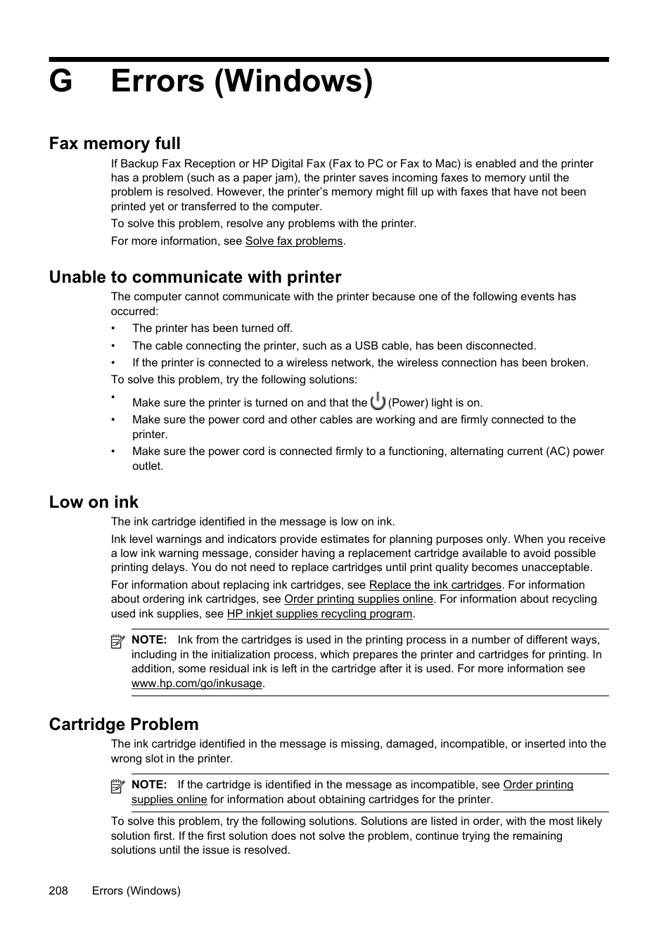 Gerrors (windows), Unable to communicate with printer, Low on ink | Cartridge problem | HP 4620 User Manual | Page 212 / 228