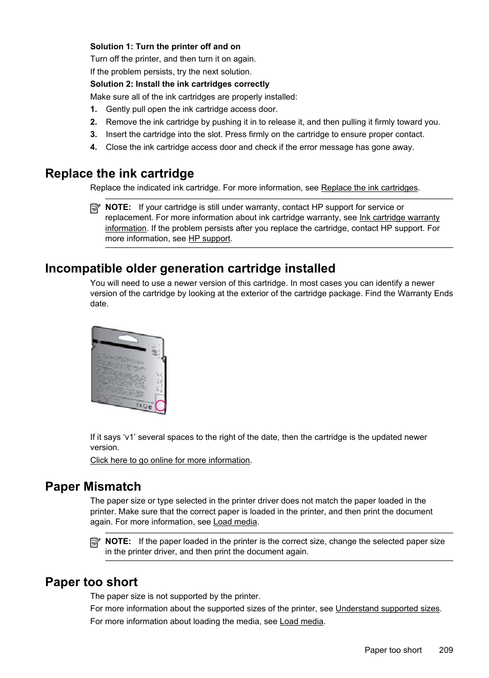 Replace the ink cartridge, Incompatible older generation cartridge installed, Paper mismatch | Paper too short | HP 4620 User Manual | Page 213 / 228