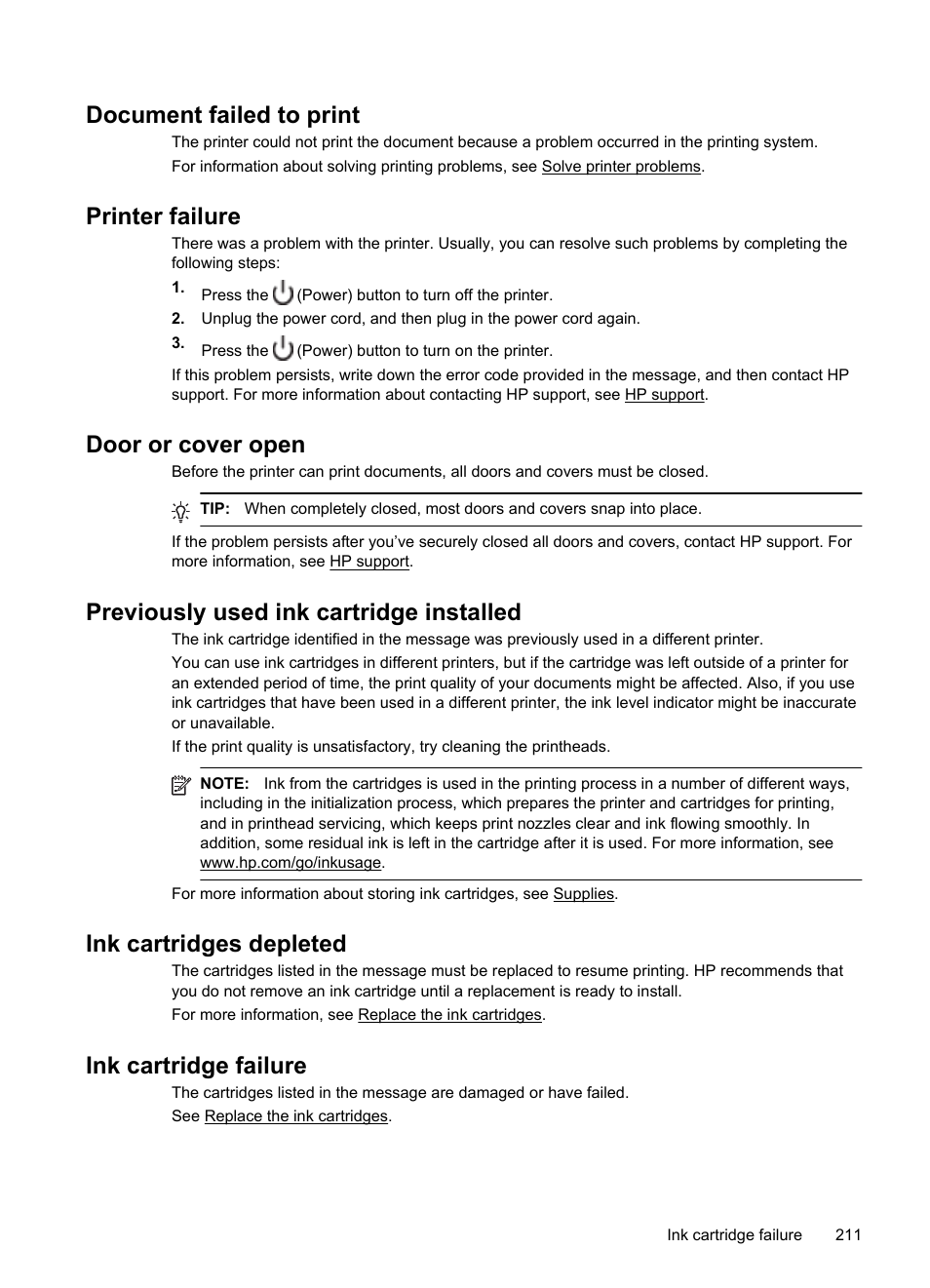 Document failed to print, Printer failure, Door or cover open | Previously used ink cartridge installed, Ink cartridges depleted, Ink cartridge failure | HP 4620 User Manual | Page 215 / 228